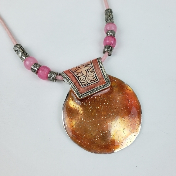 VCLM Boho Medallion Statement Necklace Enameled Beachy - Picture 2 of 10